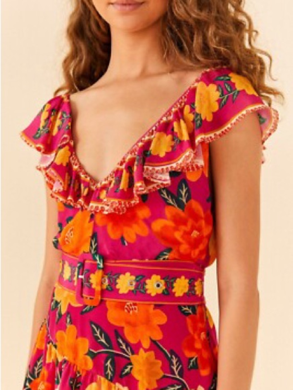 Farm Rio Pink Floral Mini Dress 🌺 Ruffle Trim Belted Tropical Dress Size S - Picture 2 of 5